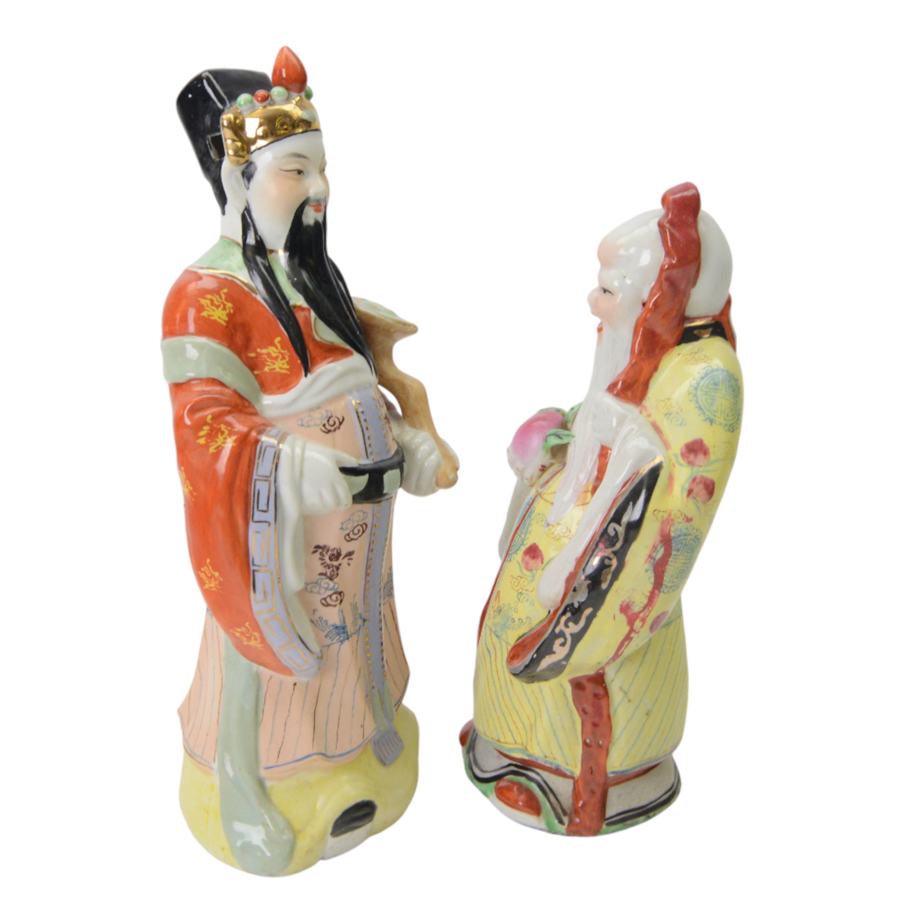 20th century Chinese famille rose porcelain figure of Shou Lao, together with another similar of Caishen, largest H34cm