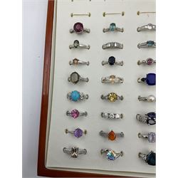 Forty silver stone-set rings, including ruby, topaz, pearl, labradorite etc., stamped 925, in presentation box