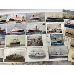 Sixty-five early 20th century postcards of passenger liners including White Star, Red Star, Atlantic Transport, Anchor, Cunard, Henderson, Booth, Union Castle, Holland America, Lamport & Holt, P. & O., New Zealand, Canadian Pacific, British India etc; and ten Edwardian postcards of Naval warships and officers (75)