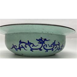 18th/19th century Chinese Canton enamel basin, the circular basin with flat everted rim, decorated with scrolling foliate and fruit decoration on a blue ground, D43cm