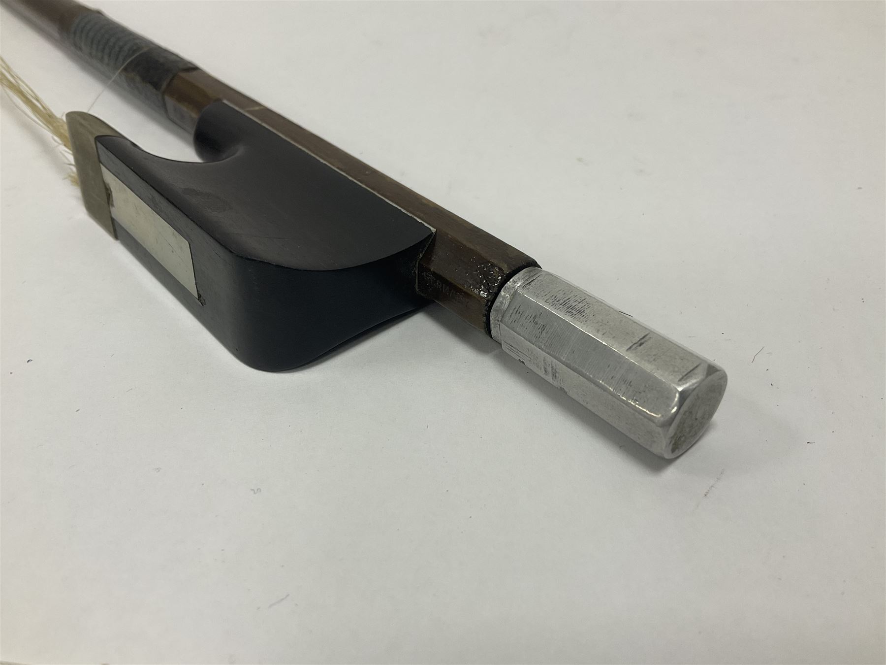 Wooden double bass bow with a mother of pearl inlay to the frog Length 71cm