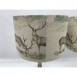 Pair of table lamps, with fabric shades decorated with deer, in a water colour style, H47cm, shades D30cm