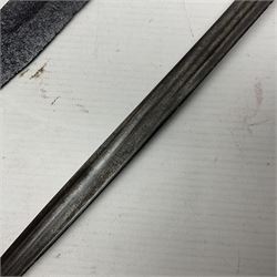 WWI Prussian S98 bayonet with 52cm fullered steel blade dated 1906 to pipeback and marked Solingen to ricasso, regimentally stamped to cross guard 56.R.11.2. for 56 Infanterie Regiment, 11 Kompanie, Waffe 2, L65cm overall; and another in battlefield relic condition (2)