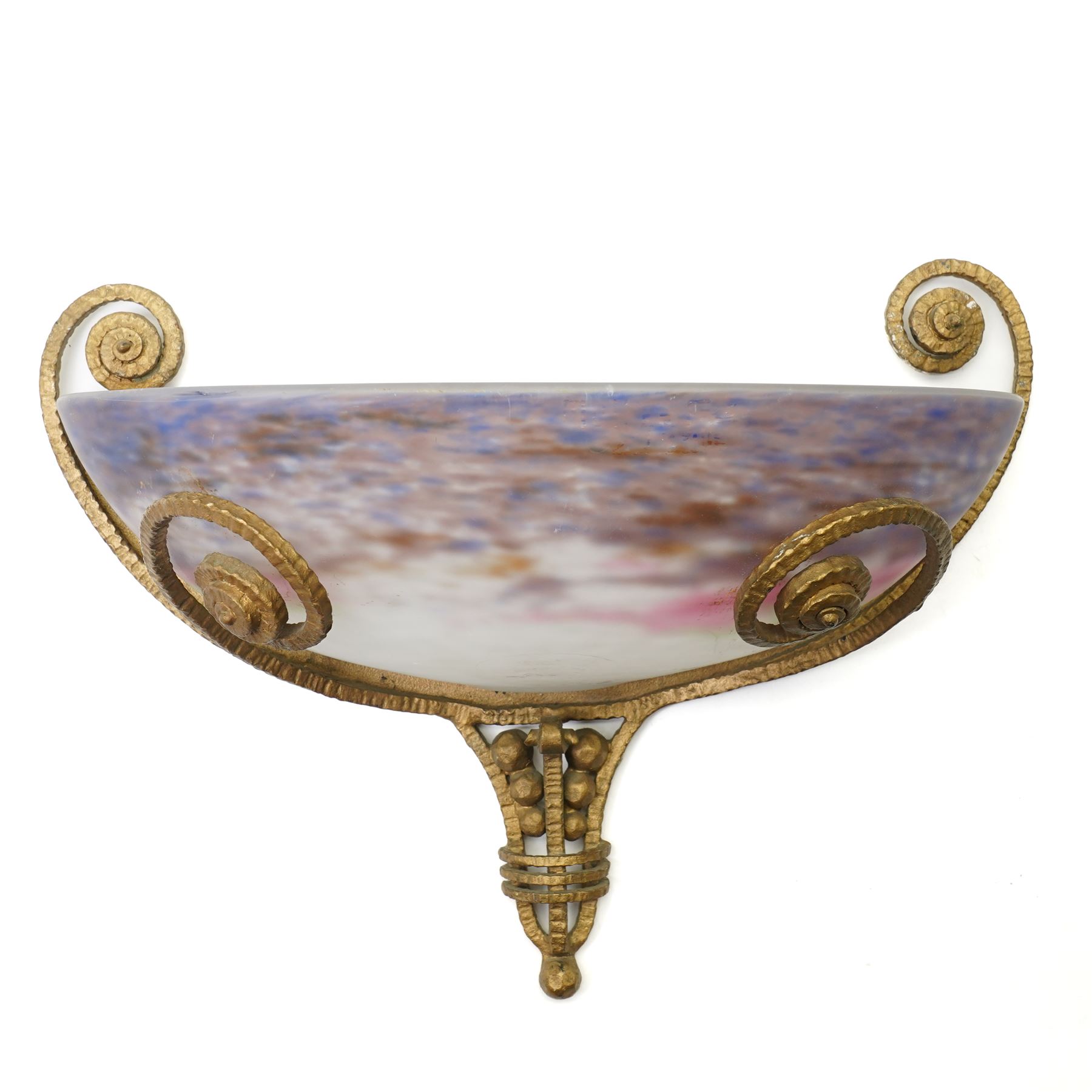 Muller Frères Lunéville - 1920's Art Deco wall light, the purple frosted glass bowl set in a gilt metal stylised wall mount, signed to bowl, H29cm