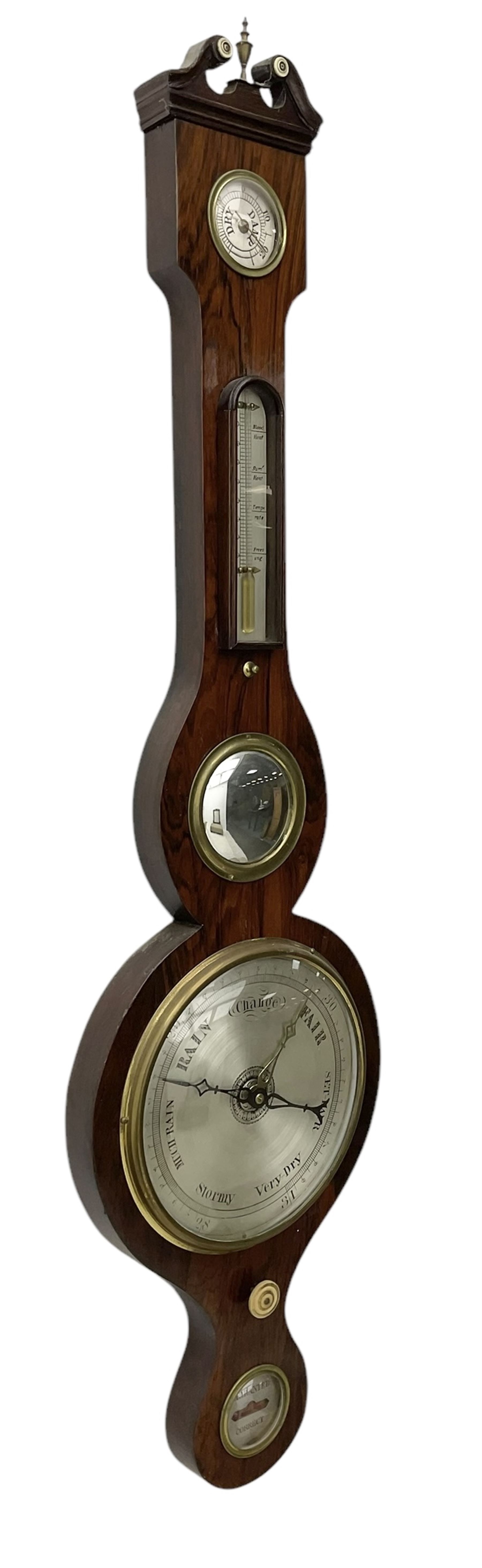 English - 19th century rosewood five-glass mercury wheel barometer c1880, with a swan necked pediment and round base, silvered hydrometer, temperature gauge, 8