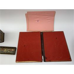 19th century Kashmiri lacquered papier-mache desk set comprising a domed stationery box, a blotter and pen tray