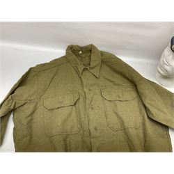 WWII Army shirt dated 1943; ten various hats, caps and sidecaps; quantity of cloth badges and ties; group of three WWII medals including Burma Star; buttons, badges etc