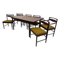 Tom Robertson for McIntosh of Kirkcaldy - mid-20th century 'Dunfermline' dining table, rectangular top with double concealed integral leaf, raised on tapered supports; complete with set of six (4+2) McIntosh dining chairs