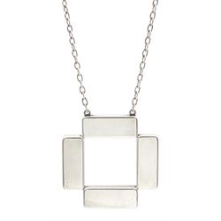 Georg Jensen silver geometric pendant necklace, with T-bar clasp, designed by Astrid Fog, No. 379, London import mark 1973, boxed