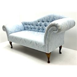 Early 20th century chaise longue, shaped cresting rail, scrolling arms, cabriole feet upholstered in light blue deep buttoned damask fabric 
