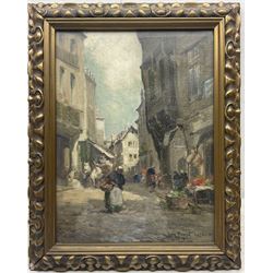 Owen Bowen (Staithes Group 1873-1967): Figures in a French Market, oil on canvas signed and dated 1905, 40cm x 30cm
