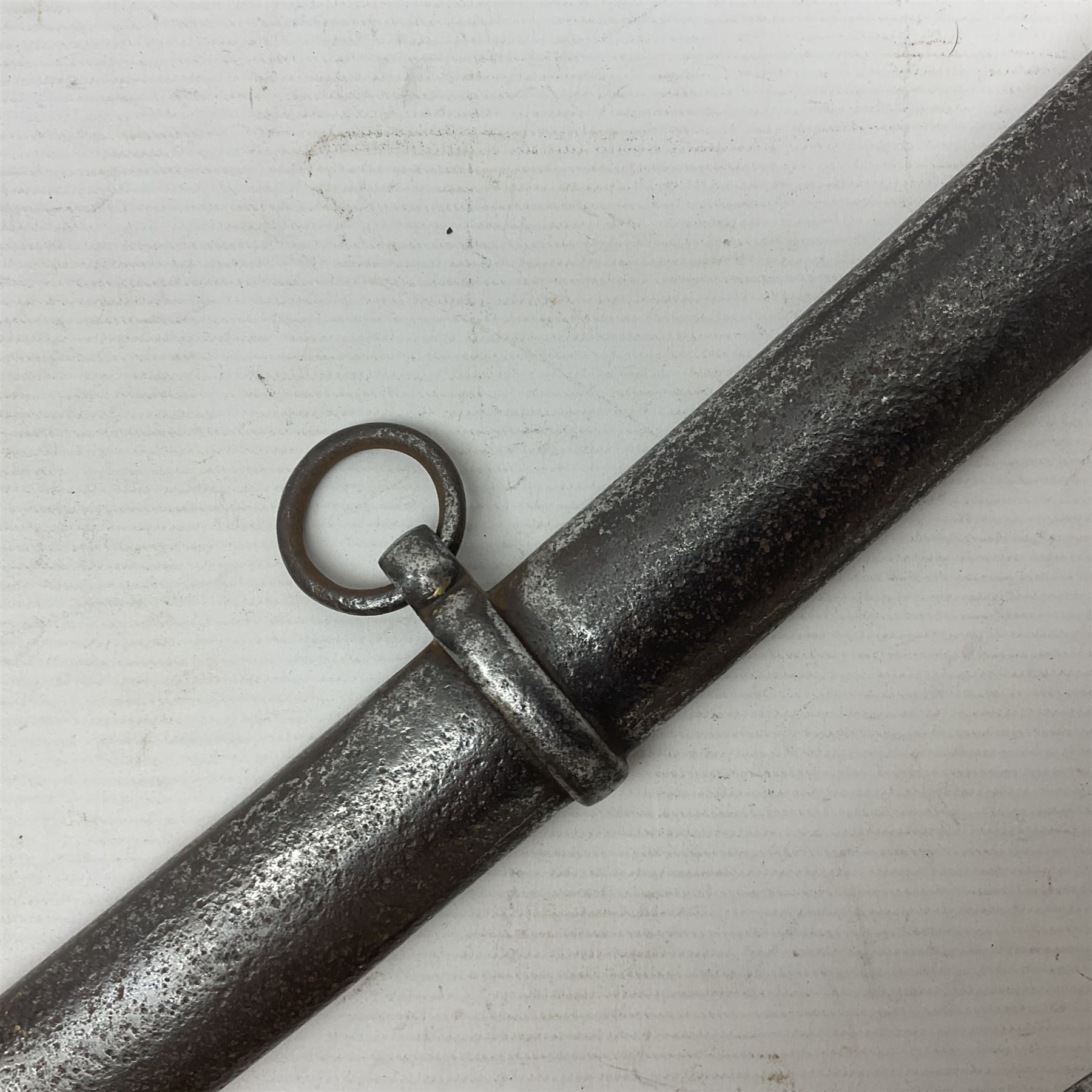 19th century French 1822 Pattern Light Cavalry trooper's sword with 88.5cm slightly curving fullered blade, brass three-bar hilt and wire-bound leather grip; in polished steel scabbard with two suspension rings L110.5cm overall