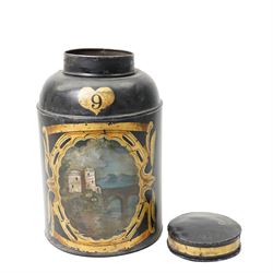 Regency period black toleware canister, painted with a scene of a castle with mother of pearl inlay, within painted gilt border, H39cm 
