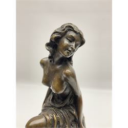 Art Deco style bronze, modelled as a semi naked female figure seated upon a chair. H27cm.

Created in the style of French Artist, Pierre Collinet, who was recognised for his bronze sculptures. This figure echoes the style and tone of Collinet's work and is attractive to behold. It would make for a lovely decorative addition to any home, modern or traditional. 