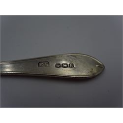 Set of six mid 20th century silver Celtic Point coffee spoons, hallmarked Sheffield 1944, maker's mark SS, in fitted case, together with a set of six silver handled butter knives, hallmarked Viners Ltd, Sheffield 1954, and other silver flatware, etc