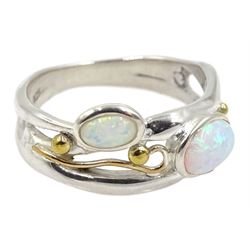 Silver and 14ct gold wire two stone opal ring, stamped 925