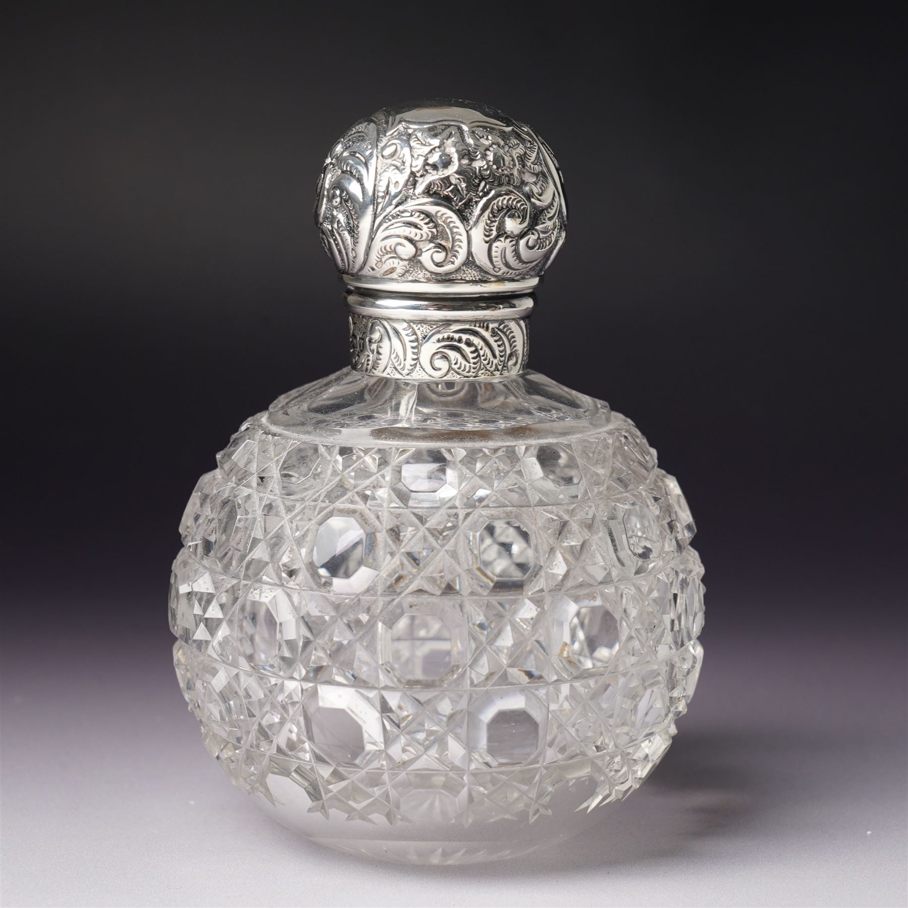 Five piece silver backed dressing table set Birmingham 1929 Maker Deakin & Francis Ltd and a Victorian glass globe scent flask with screw off silver cover  