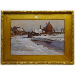 English School (Late 19th century): Farmstead in Winter Landscape, oil on canvas unsigned 39cm x 60cm