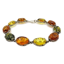 Silver multi coloured Baltic amber link bracelet, stamped 925