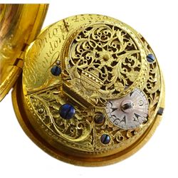 19th century silver-gilt pair cased verge fusee pocket watch for the Turkish market by Edward Prior (London 1800-1868), No. 43339, tulip pillars, pierced and engraved balance cock decorated with a classical urn, white enamel dial with Turkish numerals, beetle and poker hands and bull's eye glass