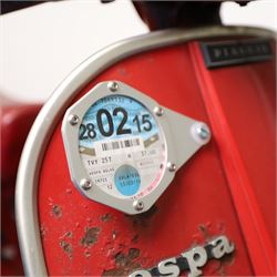 1979 Piaggio Vespa 200 Scooter

• Registration: TVY 25T
• Date of first registration: 1979
• Engine: 197cc petrol
• Odometer reading: 9,960 miles
• Colour: Red
• V5C: Present
• Keys: One

A 1979 Piaggio Vespa 200, registered TVY 25T and finished in red. Powered by a 197cc petrol engine, the scooter displays 9,960 miles on its Veglia Borletti odometer, although this mileage has not been independently verified.

The Vespa 200 is one of the larger-capacity models in the classic Vespa range, combining the marque’s distinctive pressed-steel construction with a practical 197cc engine and traditional handlebar gear change.

This example is presented in largely original and unrestored condition, retaining its period bodywork, Piaggio and Vespa badging, original-style controls and Yankee-branded dual seat.

The scooter shows extensive age-related wear throughout, including paint loss, scratches, surface corrosion and deterioration to the bodywork, including a perforation to the inner legshield.

This vehicle forms part of the Estate of the Late John Sills and is offered for sale by the Executors, confirming a genuine reason for sale.