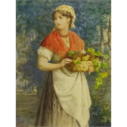  Ernesto Fontana (Italian 1837-1918): Young Woman with a Basket of Fruit, watercolour signed 30cm x 23cm  