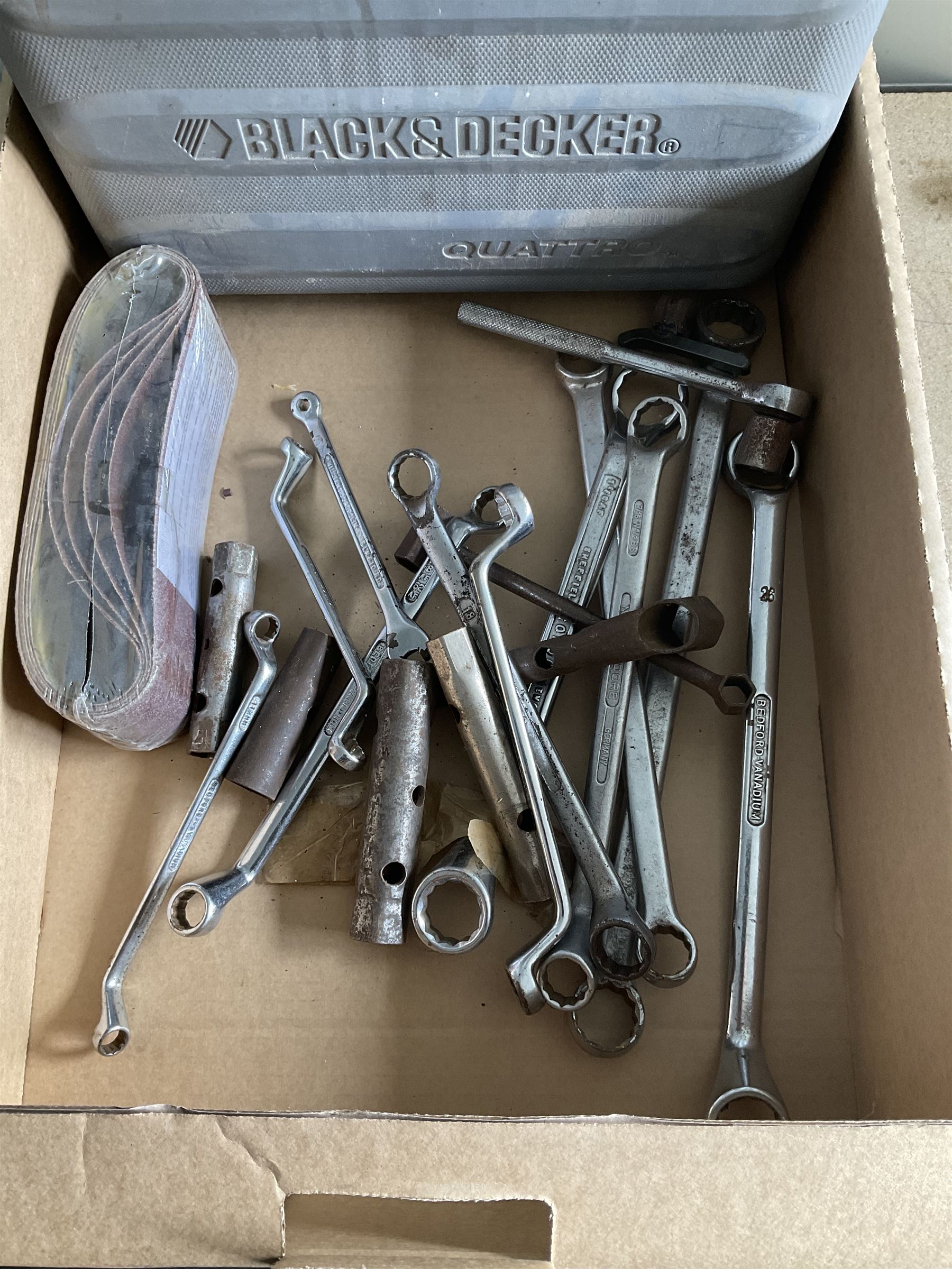 Black and Decker multi tool, spanners, oiler, Ryobi drill - THIS LOT IS TO BE COLLECTED BY APPOINTMENT FROM DUGGLEBY STORAGE, GREAT HILL, EASTFIELD, SCARBOROUGH, YO11 3TX