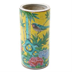 Chinese famille jaune spill vase, decorated with birds and flowers, mark in red to base, H24cm