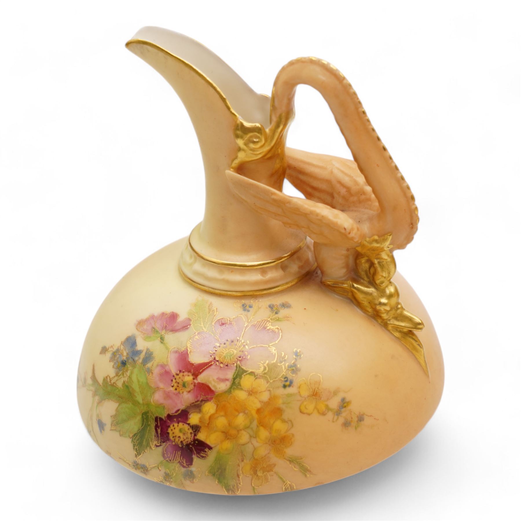 Royal Worcester blush ivory porcelain to include a pot pourri bowl with pierced cover, no. G935, ewer with winged beast moulded handle no. 1048, three further ewers, no 1094, shell shaped dish no. 1413 and two similar style leaf shaped dishes (8)