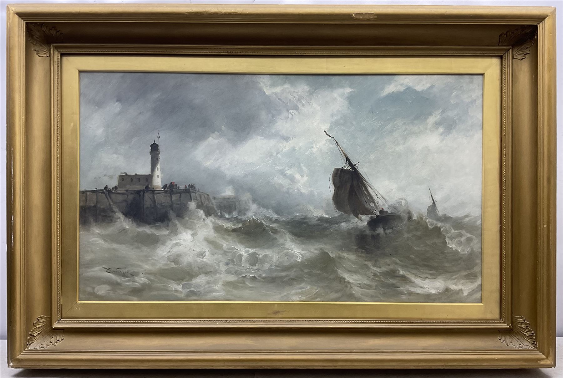 Stephen Frank Wasley (British 1848-1934): Heavy Swell off Scarborough Lighthouse, oil on canvas signed 60cm x 105cm