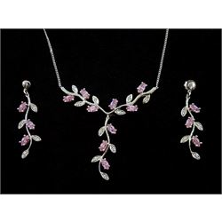 9ct white gold pink stone and cubic zirconia set pendant necklace and pair of matching earrings, hallmarked or stamped