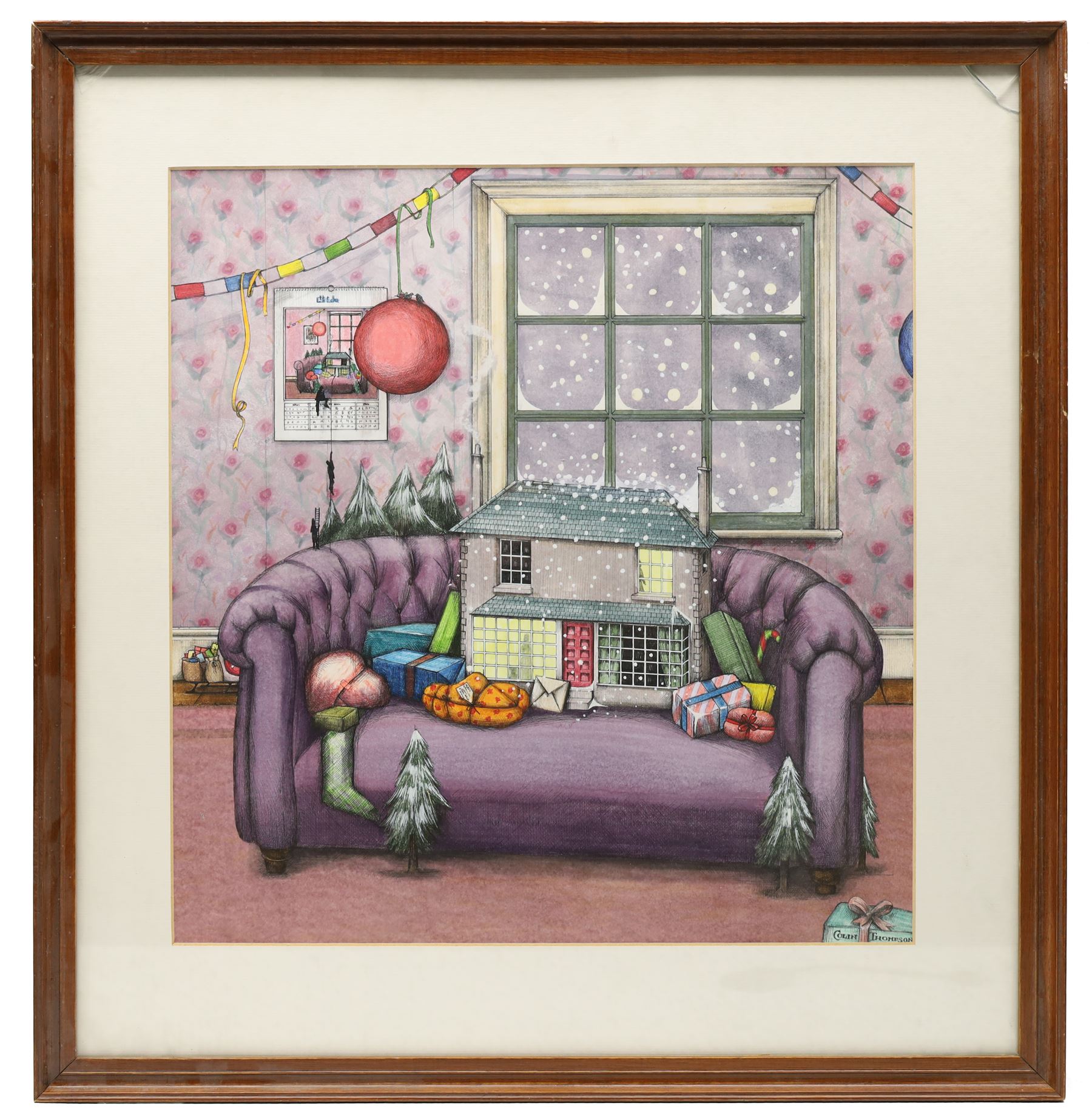 Colin Thompson (British/Australian 1942-): Snow-covered Home on a Sofa at Christmastime, ink and watercolour heightened with white signed 39cm x 37cm