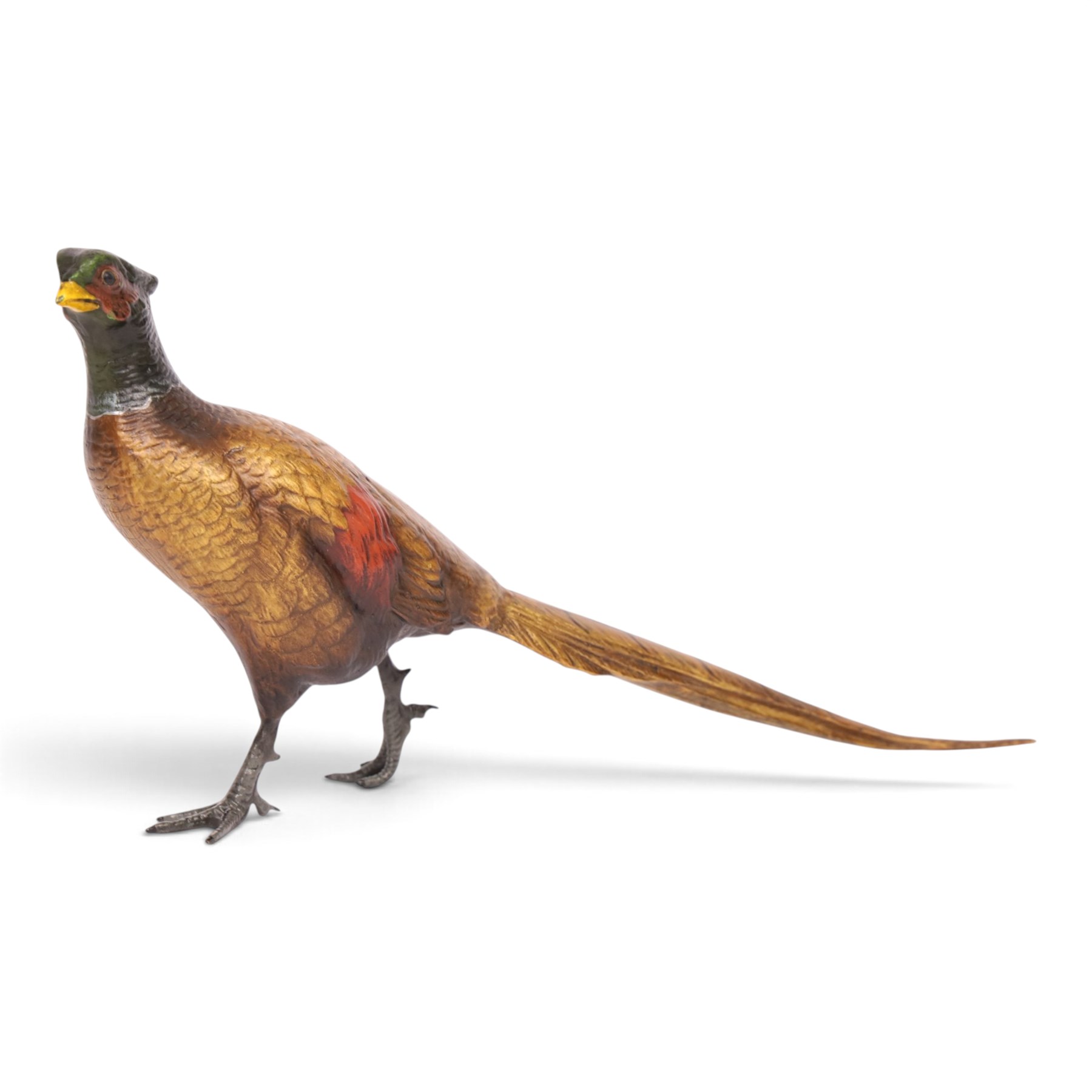 Cold painted bronze figure, modelled as an art deco style pheasant, H16cm, L30cm