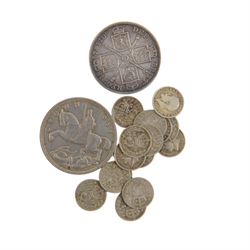 Approximately 42 grams of Great British pre-1920 and approximately 44 grams of pre-1947 silver coins, together with a silver Diploma medallion and some further coins