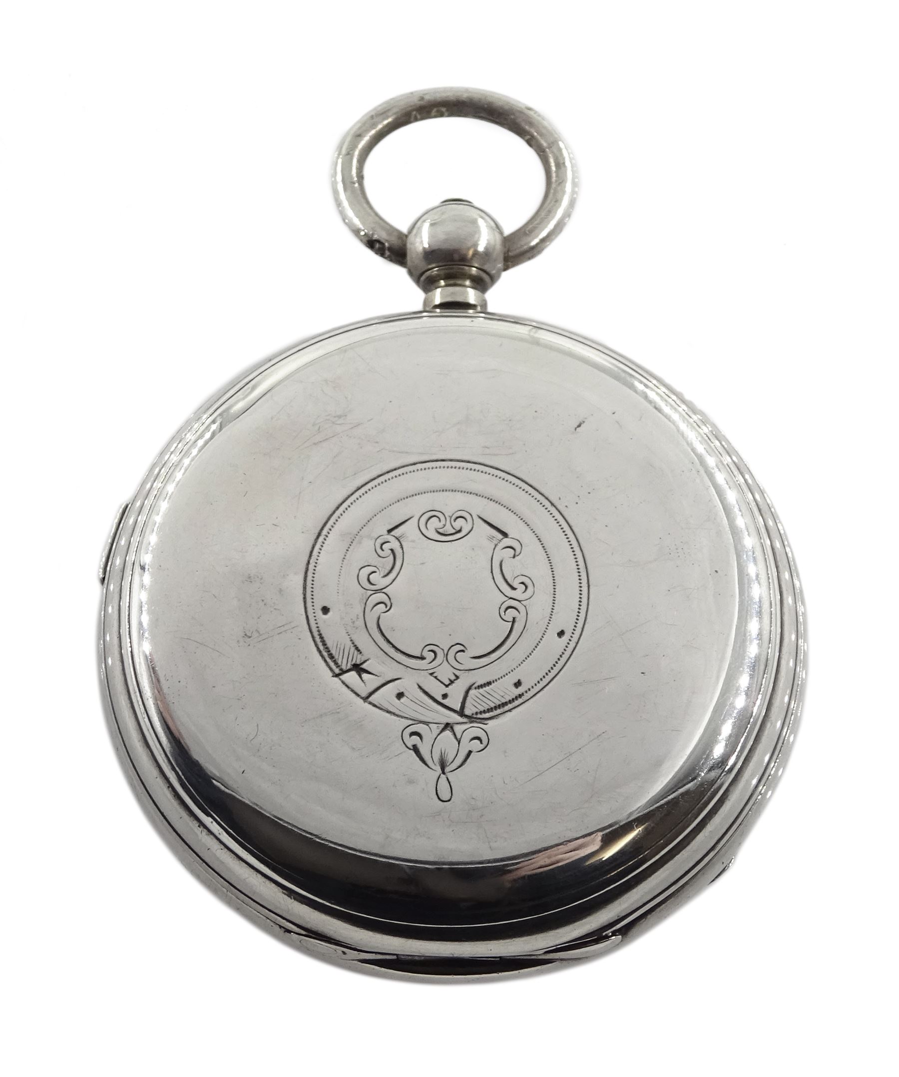 Victorian silver key wound chronograph pocket watch No. 94635, white enamel dial with Roman numerals, outer seconds track numbered 25-300, case by Stewart Dawson & Co, Birmingham 1882