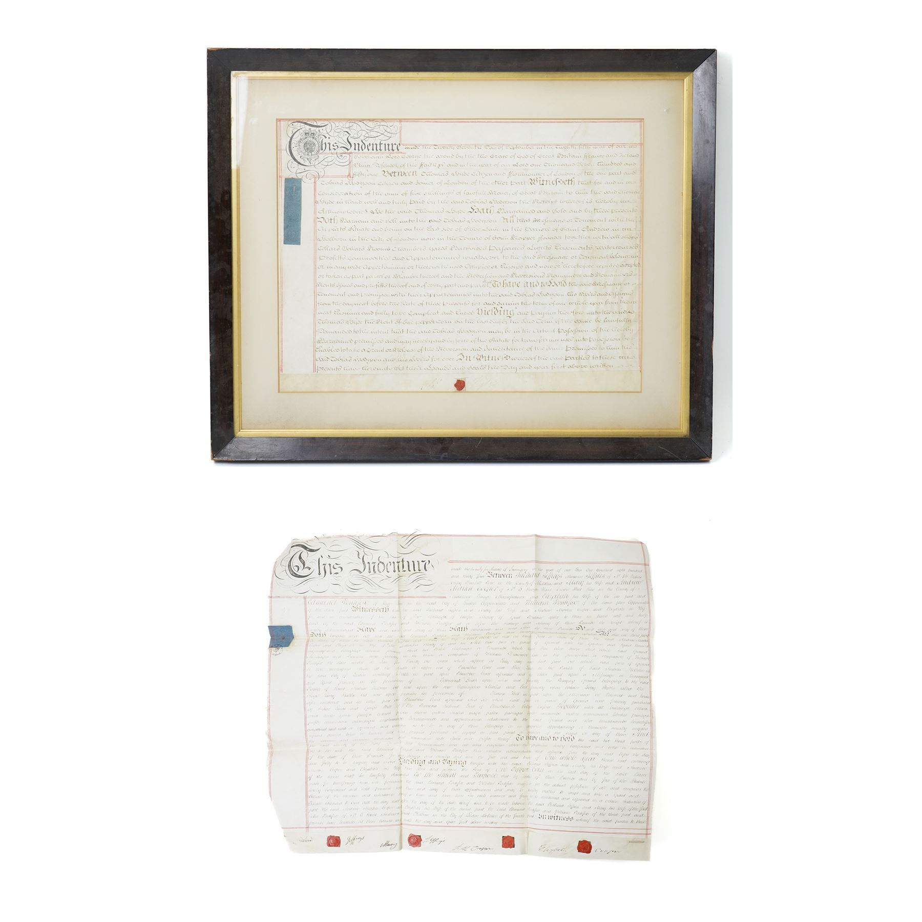18th century Indenture between Thomas Hyde, citizen and fishmonger of London and Tobias Hodgson, citizen and joiner of London 1751, framed 56cm x 68cm and a 19th century lease regarding property in Soho 1834 (2)