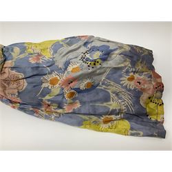 Victorian large wax over composition Pumpkin head doll, with inset dark glass eyes, moulded blonde hair in curls, stuffed body with carved and painted wooden limbs, grey painted boots, floral satin dress with netting underclothes H61cm