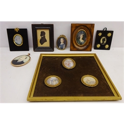  Collection of 19th century Portrait Miniatures - Gentleman and Lady, two silhouette portraits, Marie Antoinette, on ivory signed M. Allen, Two Ladies, on ivory one initialled D. A. G and three watercolours mounted max 9cm x 6.5cm (9)  