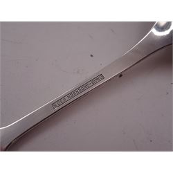 Mid 20th century Norwegian silver Christening spoon and fork set with openwork lattice detail to finials, both stamped David Anderson 830S verso, in original box, together with three silver-gilt enamel coffee spoons, the larger example with green guilloche enamel to bowl and handle, all by David Anderson, stamped D-A 925S Norway Sterling verso