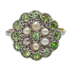  Peridot and seed pearl daisy set gold ring, stamped 18ct  