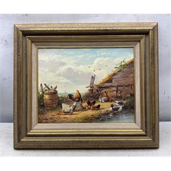 After Edgar Hunt (British 1876-1953): Farmyard Scene, 20th century oil board signed Sommerfield 23cm x 29cm 