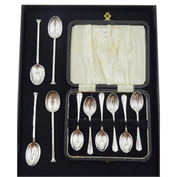 Set of six silver coffee spoons by Atkin Brothers, Sheffield 1944 cased and four silver teaspoons by Cooper Brothers & Sons Ltd, Sheffield 1925, approx 2.5oz
