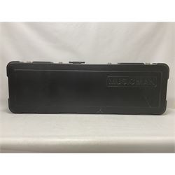 Ernie Ball Music Man Sting Ray 4 string bass guitar, in natural finish with roasted maple neck and tortoiseshell effect scratch guard, serial no 87485, in black Music Man hard case, guitar L114cm