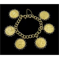 9ct gold curb link bracelet, Birmingham 1978, with four George V gold full sovereign coins dated 1913 and 1915 and two Edward VII gold full sovereign coins dated 1907 and 1908, all in 9ct gold loose mounts