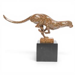 Sprinting Cheetah, bronze two toned figure of running cheetah, upon a rectangular marble base, signed milo and with foundry mark, H20cm