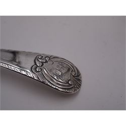 Set of three George III silver Old English pattern table spoons, each engraved with monogram to terminal and with dart border to handle, hallmarked London circa 1770, maker's mark GS, hallmarks worn and partially indisitinct