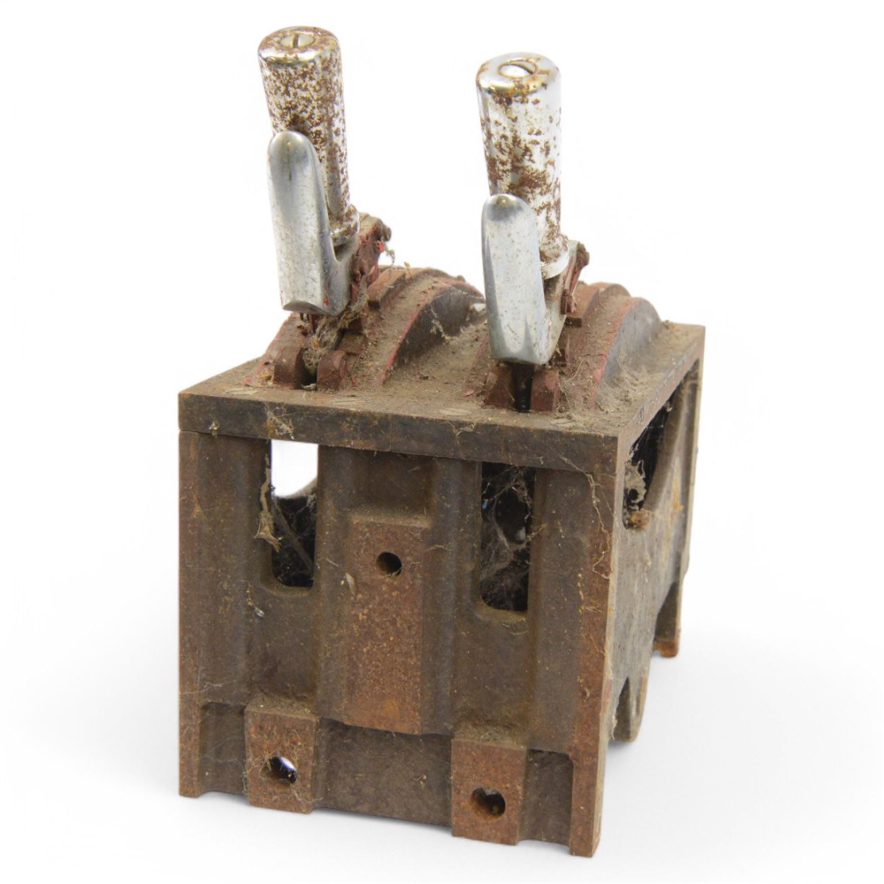 Railway signal box two lever frame, to top of handle H26cm