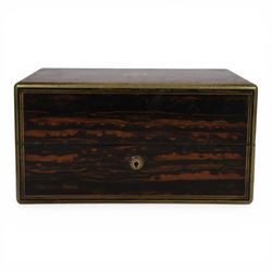 19th century brass mounted coromandel wood box, the hinged lid with inlaid cartouche with initials to the centre, opening to reveal two removable velvet lined trays 