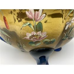 Pair of 19th century glass vases in the style of Auguste Jean, of bulbous form with lobed rim and applied blue glass zoomorphic handles, painted with enamel flowers, dragonflies and swans, upon four blue glass feet, H26cm