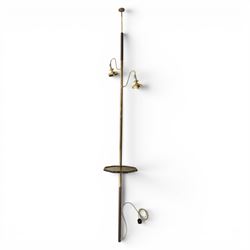 20th century floor to ceiling two branch standard lamp, with spring loaded ceiling mount, brass column, with octagonal moulded rim, green leather inset tooled 